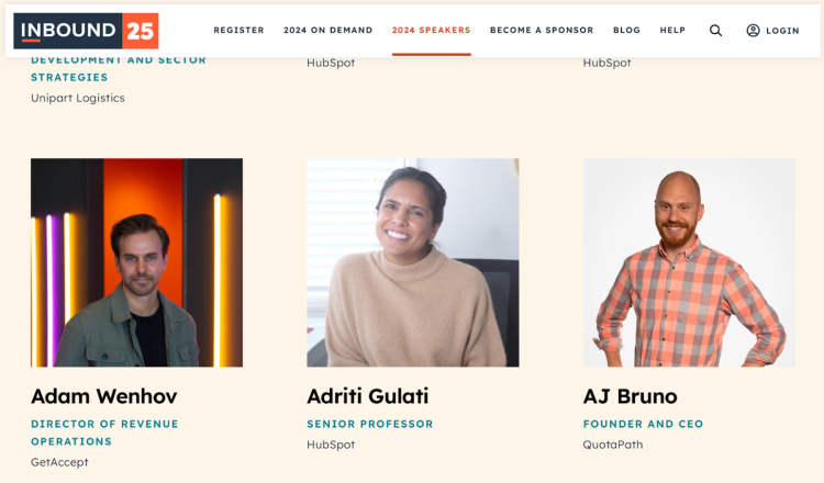 Inbound 2024 speakers Adam Wenhov, Adriti Gulati, and AJ Bruno featured in the event's lineup."