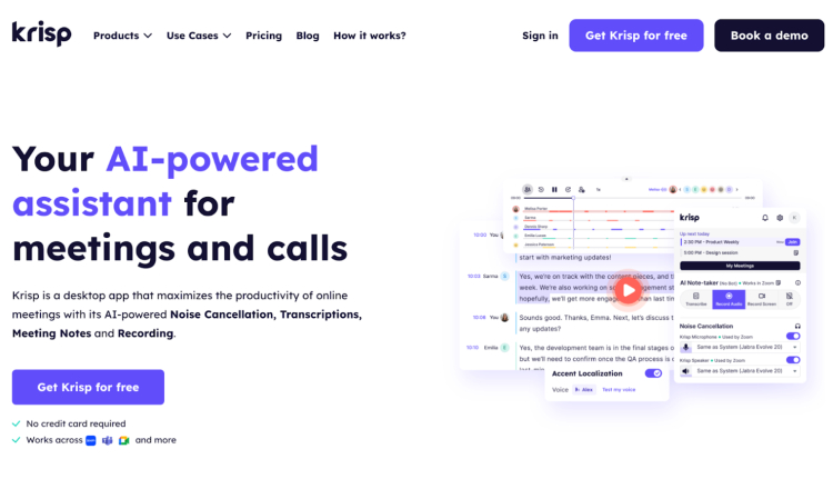 Krisp homepage showcasing its AI-powered software offering noise cancellation, transcription, and meeting recording features.