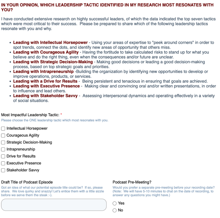 Shockingly Different Leadership podcast guest survey application form with sections for leadership tactics, podcast episode title ideas, and pre-meeting preferences.