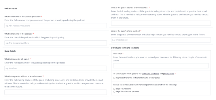 Podcast guest release form template for legal documentation, including fields for podcast details, guest information, and terms agreement.