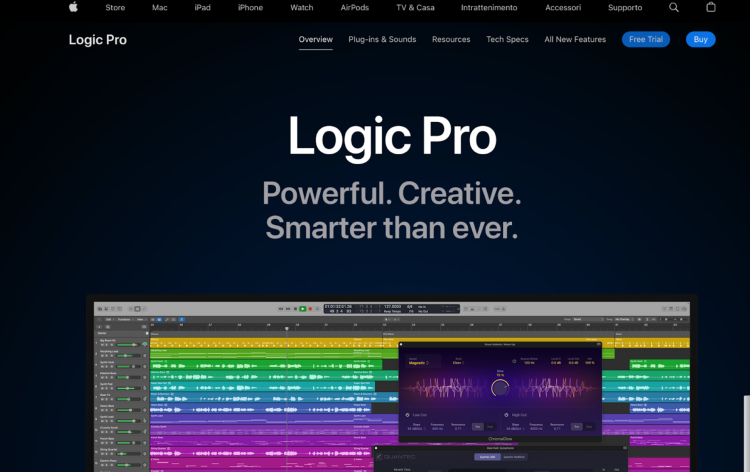 Logic Pro homepage showcasing its editing software for professional music production and podcast creation.