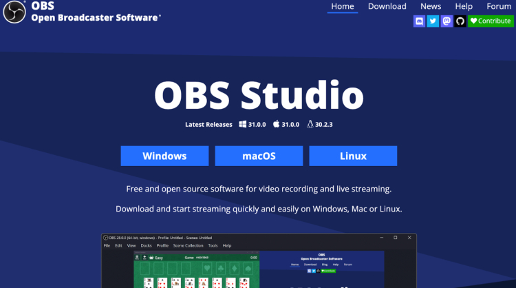 OBS Studio homepage showcasing its free and open-source audio and video recording and live streaming software.