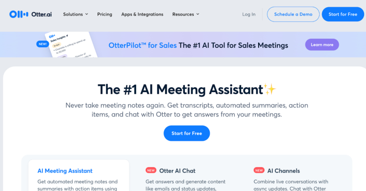 Otter.ai homepage showcasing its recording software with automated transcription and meeting assistant features.