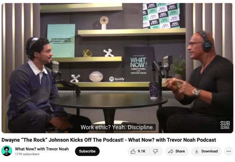 Dwayne "The Rock" Johnson joins Trevor Noah on What Now? podcast, discussing work ethic and discipline, as high-profile guests are often paid for their time.