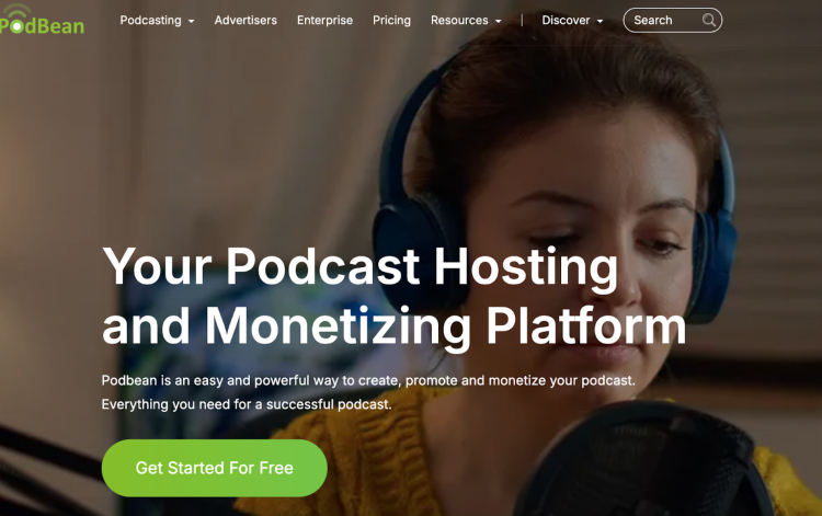 Podbean homepage showcasing its podcasting platform for hosting, promoting, and monetizing podcasts with ease.