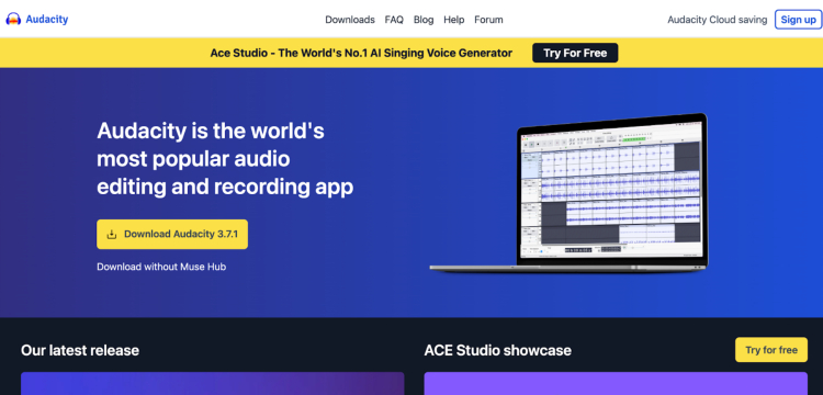 Audacity homepage highlighting its popular audio recording and podcast editing software with free download options.