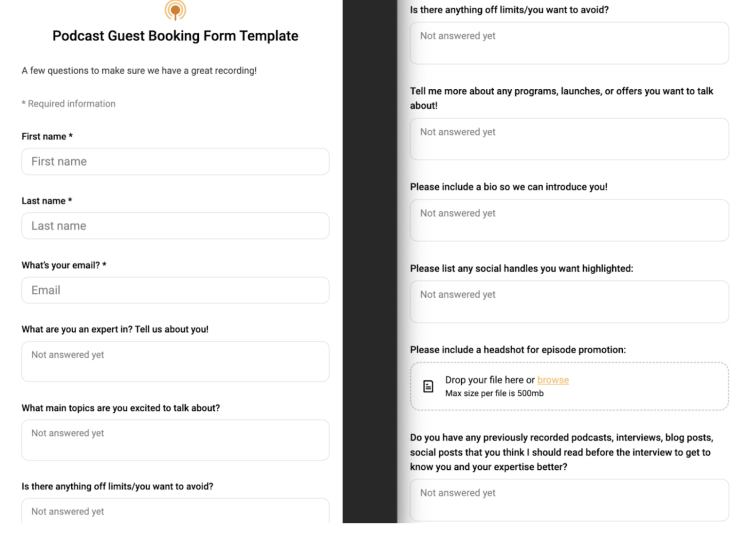 Podcast guest prep application form template with sections for expertise, topics, and promotional details.