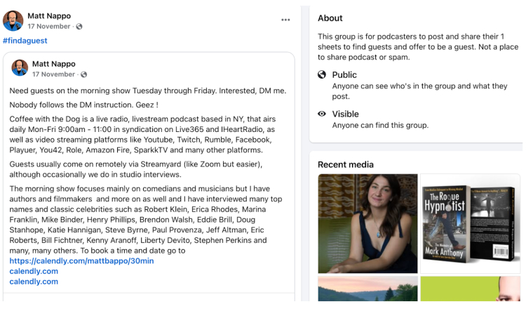 Matt Nappo seeking podcast guest recommendations for his live podcast 'Coffee with the Dog' through a Facebook post.