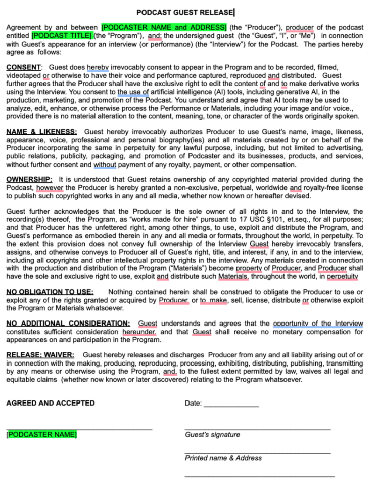 Podcast guest release form template with clauses for legal protection, consent, name and likeness rights, and ownership of materials.