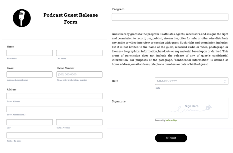 Podcast guest release form template similar to Jotform Sign, featuring fields for guest details, program name, and consent for recording and distribution.