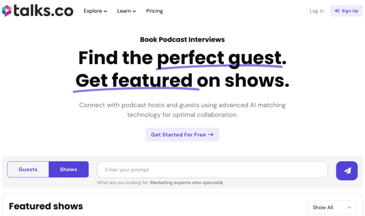 Podcast matching services on Talks.co help users find the perfect guest and get featured on shows using AI-powered matching technology.