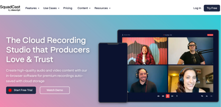 SquadCast homepage showcasing its podcast recording cloud studio with multitrack audio and video recording features.