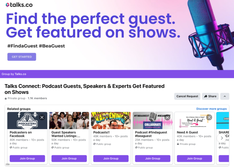 Podcasters Facebook group, Talks Connect, helps podcast guests, speakers, and experts get featured on shows and connect with hosts.