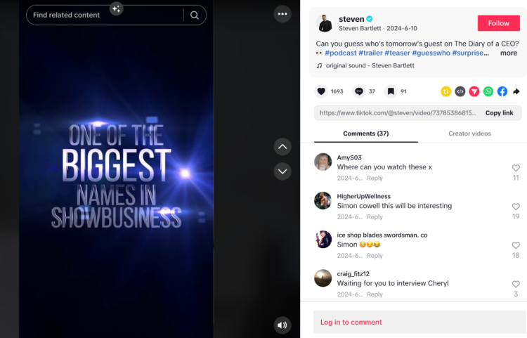 Potential guest teaser for a podcast episode featuring one of the biggest names in showbusiness, shared by Steven Bartlett on TikTok.