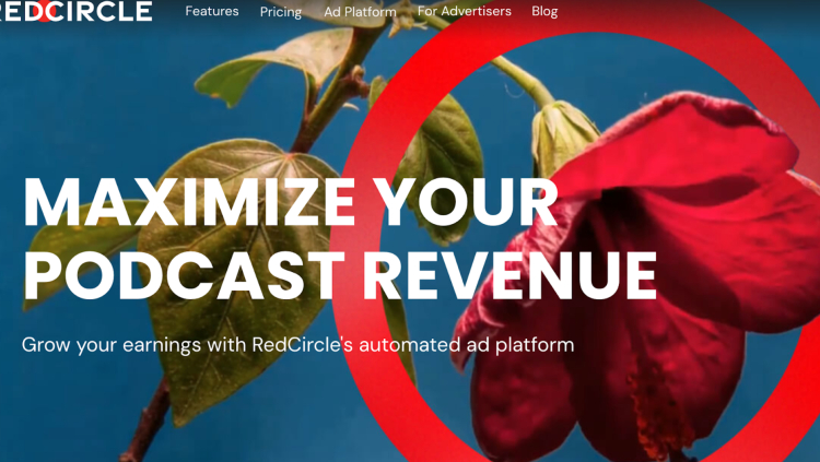 RedCircle homepage showcasing its podcast host platform with automated ad tools for maximizing podcast revenue.