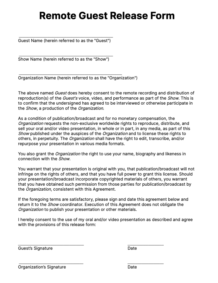 Remote guest release form template for podcasters, including details for guest consent, recording rights, and usage terms.