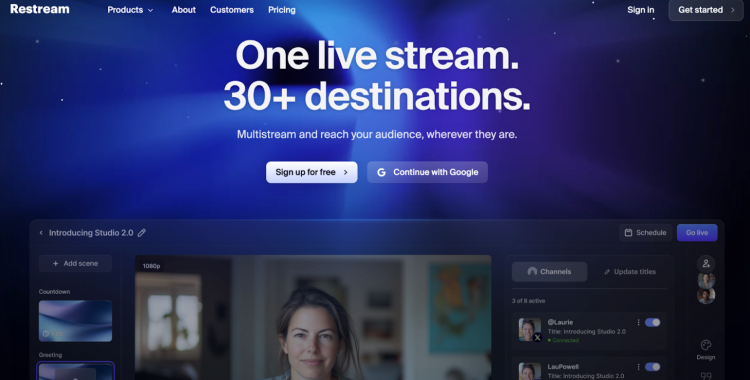 Restream homepage showcasing its multistreaming software to start a podcast and broadcast live to 30+ platforms.