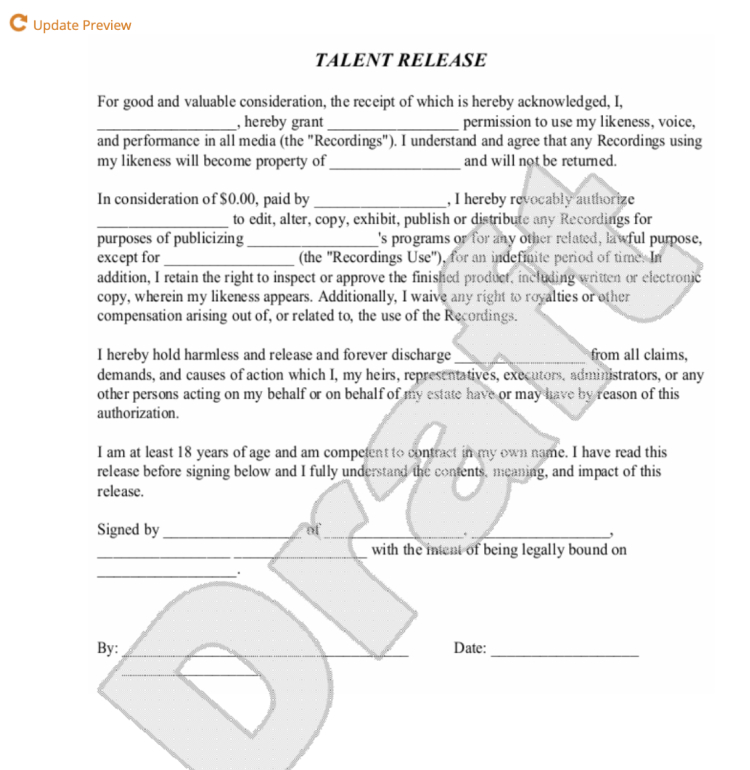 Talent release form template for podcasting, including consent for use of likeness, voice, and recordings.