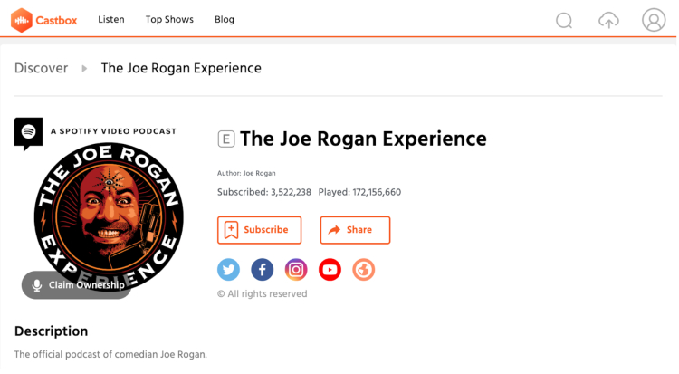 Show notes for The Joe Rogan Experience podcast on Castbox, displaying subscription count, total plays, and official links.