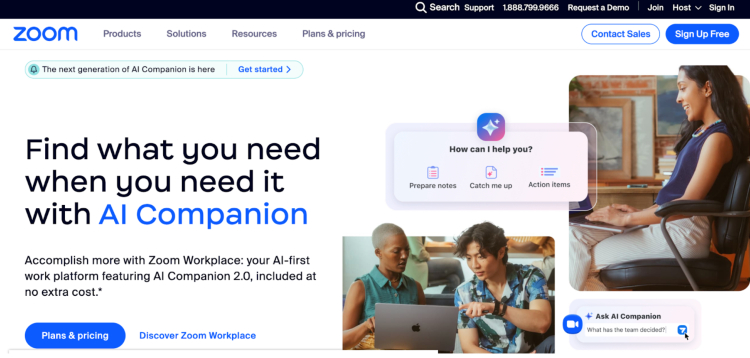 Zoom homepage showcasing its AI Companion feature, a software like tool for productivity and collaboration.