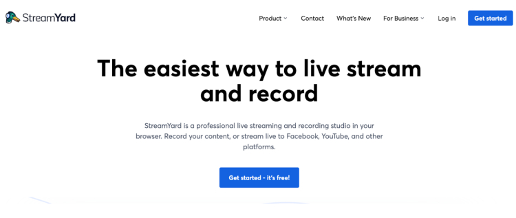 StreamYard homepage showcasing its live recording and streaming software for professional content creation.