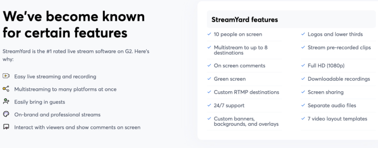 StreamYard feature list highlighting its capabilities for video podcast recording, multistreaming, and live interaction.