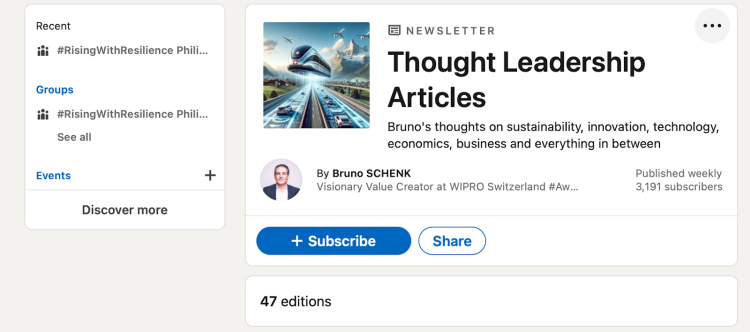 Bruno Schenk's Thought Leadership Articles newsletter showcasing sustainability and innovation, positioning him as a potential podcast guest.