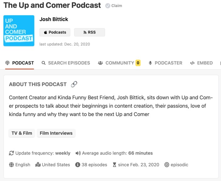 The Up and Comer Podcast by Josh Bittick serves as a platform for rising content creators to share their journeys.