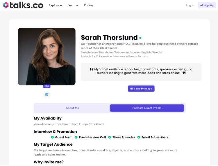 Profile of Sarah Thorslund on Talks.co, showcasing her availability and target audience, illustrating a way to find previous guests for your podcast.