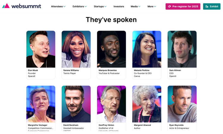 Web Summit features notable speakers who can be guests to follow for podcasts, including industry leaders and influencers.