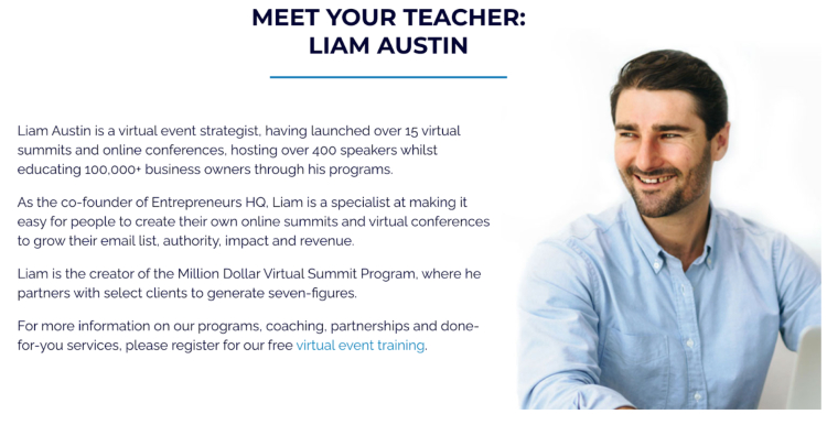 Well-prepared virtual event strategist Liam Austin, expert in hosting online summits, helping entrepreneurs grow their email lists and revenue.