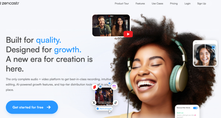 Zencastr homepage highlighting its recording software designed for high-quality audio and video podcast creation.