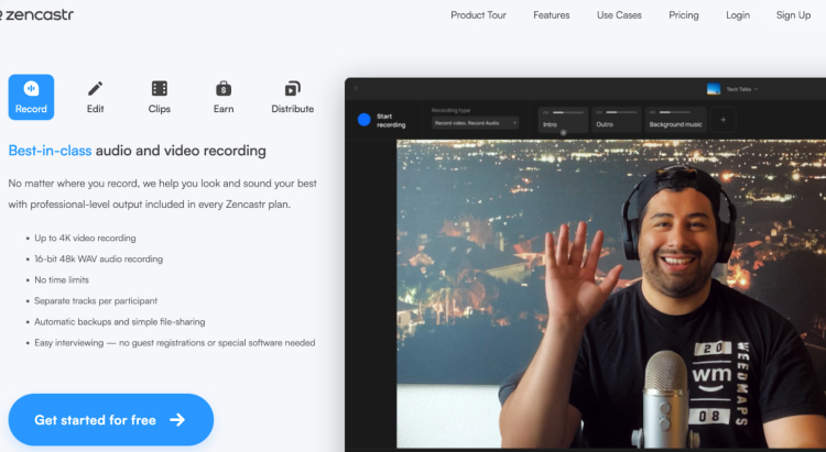 Zencastr homepage showcasing its remote podcast recording software with features like 4K video recording and separate audio tracks.