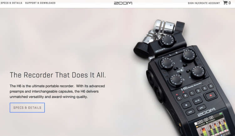 Zoom H6 Handy Recorder homepage showcasing its record audio features with advanced preamps and interchangeable capsules.