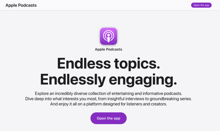  Apple Podcasts homepage promoting itself as a hub for your podcast, offering a diverse collection of informative and entertaining shows for listeners and creators.