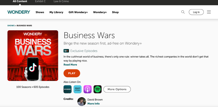 Business Wars podcast episode page on Wondery, highlighting famous business rivalries and how companies compete to dominate industries.