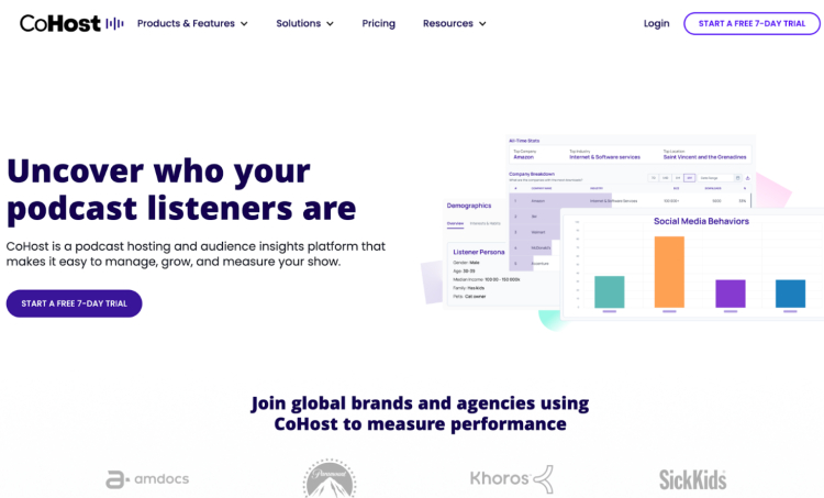 CoHost podcast platform provides audience insights, helping podcasters analyze listener demographics, track social media behaviors, and measure performance to grow their show.