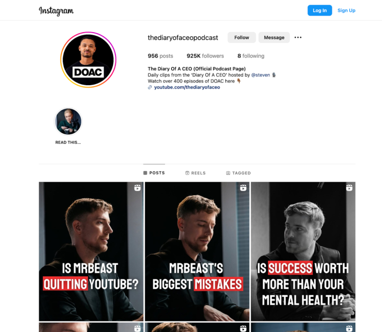 Instagram profile of 'The Diary of a CEO' podcast, showcasing clips from interviews that contribute to greater brand awareness through long-form conversations with influential guests