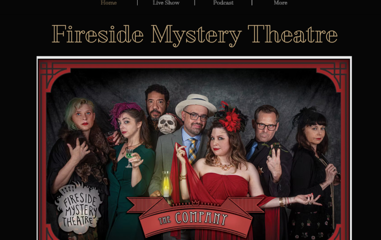 Fireside Mystery Theatre podcast cast dressed in vintage theatrical attire, emphasizing high production value and immersive storytelling in a radio drama format.