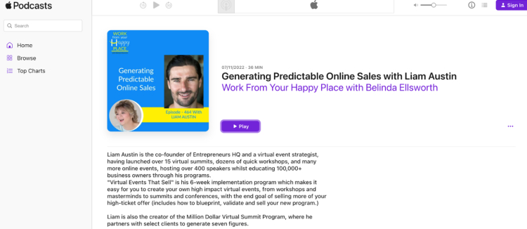 Podcast episode featuring Liam Austin discussing strategies for generating predictable online sales through virtual events, workshops, and summits.