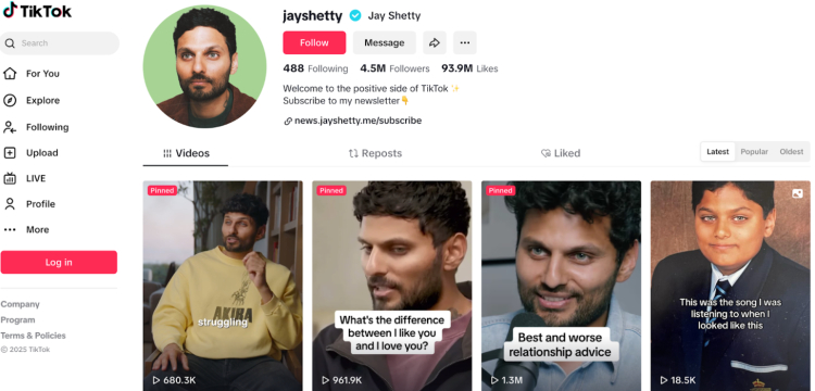 Jay Shetty’s TikTok profile showcasing how he repurposes podcast episodes into engaging short-form videos to reach a wider audience.