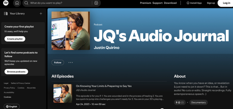 JQ’s Audio Journal podcast page on Spotify, featuring Justin Quirino recording digital audio reflections in a raw, unedited format.