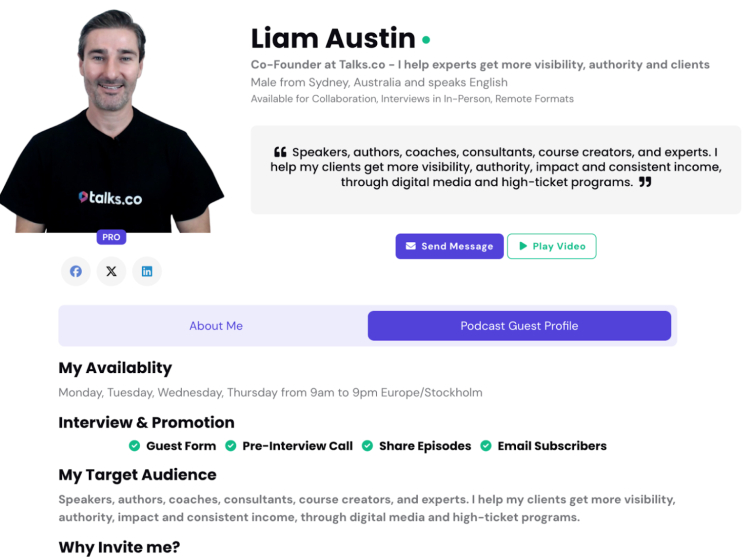 Liam Austin's podcast guest profile on Talks.co, showcasing his expertise in helping experts gain visibility, authority, and clients through digital media and high-ticket programs.