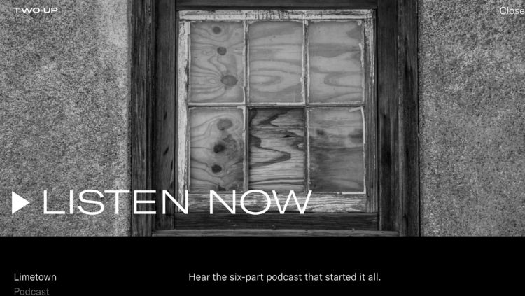 Limetown narrative podcast homepage featuring a black-and-white eerie image of an old wooden window, emphasizing its mystery-thriller storytelling format.