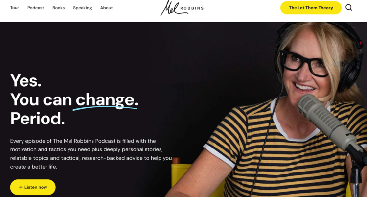 The Mel Robbins Podcast homepage featuring Mel Robbins speaking into a microphone, highlighting its status as a popular podcast focused on motivation and personal growth.