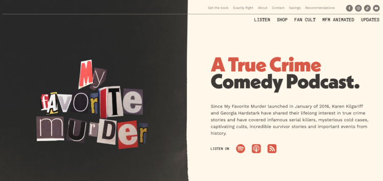 My Favorite Murder true crime podcast homepage featuring a ransom note-style logo and a description highlighting its mix of crime stories and comedy.