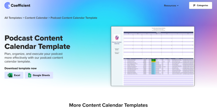 A podcast content calendar template by Coefficient, designed to help podcasters significantly enhance content organization, planning, and scheduling for a more efficient workflow.