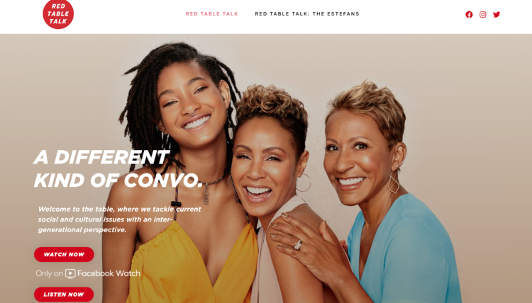 Red Table Talk featuring Jada Pinkett Smith, Willow Smith, and Adrienne Banfield-Norris, a roundtable discussion show engaging podcast listeners with deep conversations on social and cultural issues.