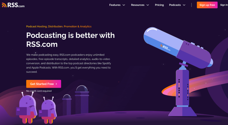 RSS.com podcast hosting platform homepage showcasing its features, including podcast distribution, analytics, and easy episode management for creators.
