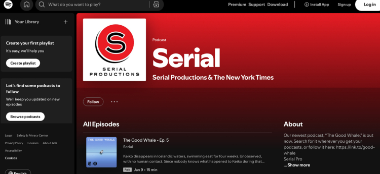 A screenshot of the Serial podcast page on Spotify, showcasing Serial Productions & The New York Times, known for its investigative storytelling podcast format.